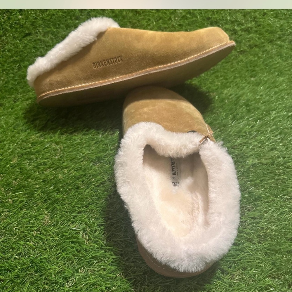 Birkenstock Tan and White Cozy Slippers